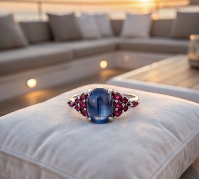 Luxurious 4.5 ctw Tanzanite .925 Sterling Silver handcrafted Statement Ring size 8 - Close-up of luxurious tanzanite ring on a cushion with blurred background.