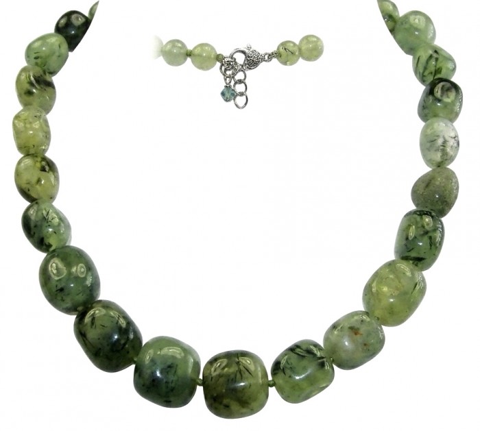 Power of Nature 175.5 carat Moss Prehnite .925 Sterling Silver handcrafted Large necklace - Green moss prehnite necklace, front view with clasp detail.