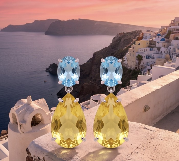 Giovanna - Authentic 27.9 carat Brazilian Citrine .925 Sterling Silver dipped in rhodium handcrafted earrings - Giovanna earrings: blue and yellow gems with Santorini sunset backdrop.