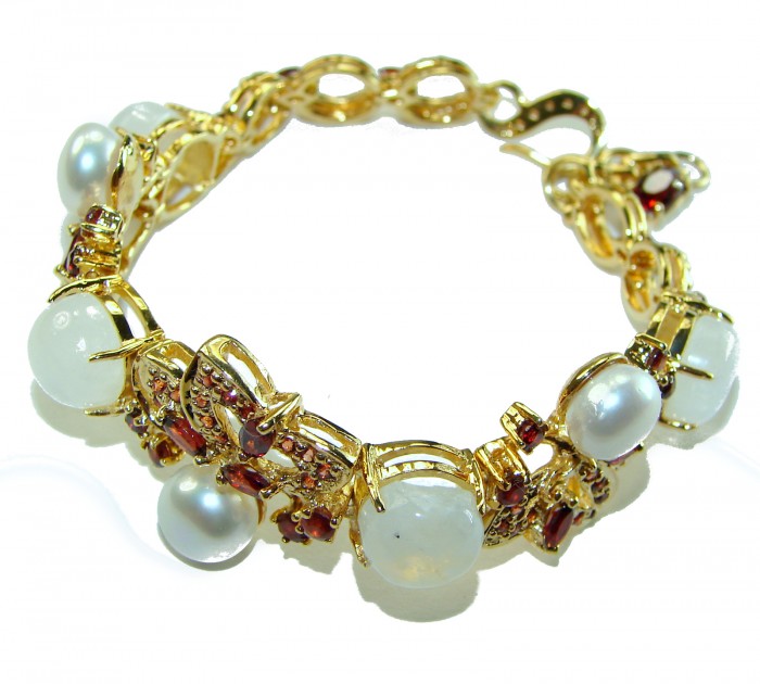 Genuine Rainbow Moonstone Pear Ruby 14K Gold over .925 Sterling Silver handmade Bracelet - photo 1
