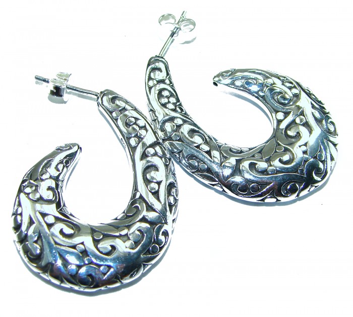 1 5/8 inches long - Free Spirit bohemian Style .925 Sterling Silver handmade Bali made Oversized Earrings - Bohemian style silver earrings, filigree detail, side view.
