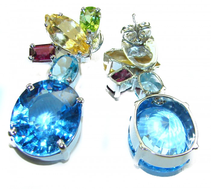 Atlantica 31.7 carat Swiss Blue Topaz .925 Sterling Silver Handcrafted Statement earrings - Close-up of Atlantica earrings with blue topaz in sterling silver.