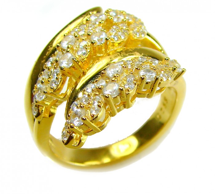 Precious Leaf 10.2 carat White Topaz .925 Silver handcrafted Cocktail Ring s. 7 - Gold ring with white topaz stones, top view angle.