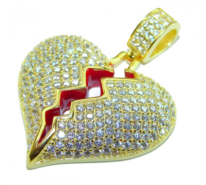 Broken Heart Luxurious 12.4 carat White Topaz .925 Sterling Silver dipped in 14K Gold over handcrafted pendant - Luxurious broken heart pendant, top view, 12.4 carat white topaz, gold setting.