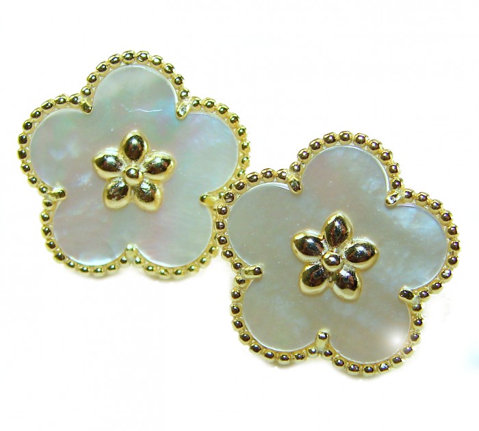 Genuine Blister Pearl 14K Gold over .925 Sterling Silver handcrafted Statement Earrings - Floral blister pearl earrings, front view, gold over silver setting.