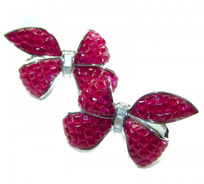 Magnificent Jewel - Bow 25.5 carat Ruby .925 Sterling Silver handcrafted incredible earrings - Ruby bow earrings, front view, 25.5 carat, sterling silver.