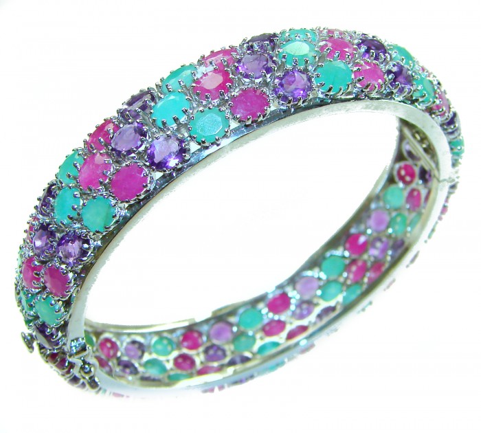 Anna Maria Authentic 61.2 carat Ruby Emerald Sapphire .925 Sterling Silver handmade bangle Bracelet - Side view of Anna Maria 61.2 ct Ruby Emerald Sapphire .925 bracelet