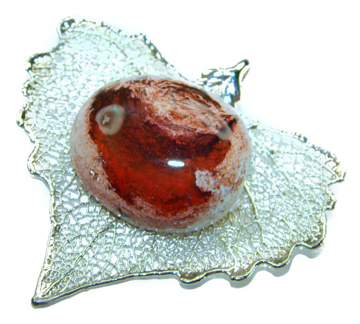 Rain Drop REAL Leaf dipped in Sterling Silver and 25.5 carat Mexican Opal & .925 Sterling Silver Pendant - Close-up of sterling silver leaf with red stone detail.