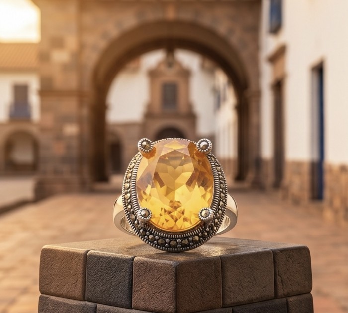 Costa del Sol 25.4 carat Lemon Quartz rhodium over .925 Sterling Silver handcrafted ring size 8 - Close-up of Costa del Sol 25.4 carat Lemon Quartz ring on a stone block.