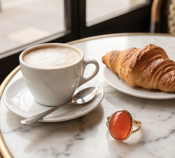 Queen of Fire best quality 11.4 carat Mexican Opal .925 Sterling Silver dipped in 18K Gold handmade ring 7 1/4 - Opal ring with coffee and croissant on a marble table.