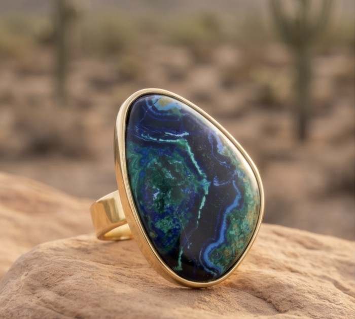 Authentic Parrot's Wing Chrysocolla 18K Gold over .925 Sterling Silver handcrafted ring size 8 adjustable - Side view of Parrot's Wing Chrysocolla ring in 18K gold over sterling silver.