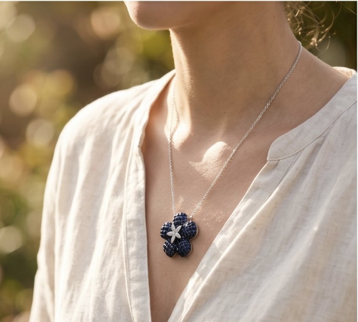 Blue Flower mystery setting 19.2 carat natural Sapphire .925 Sterling Silver Necklace - Necklace with blue flower pendant worn on neck in sunlight
