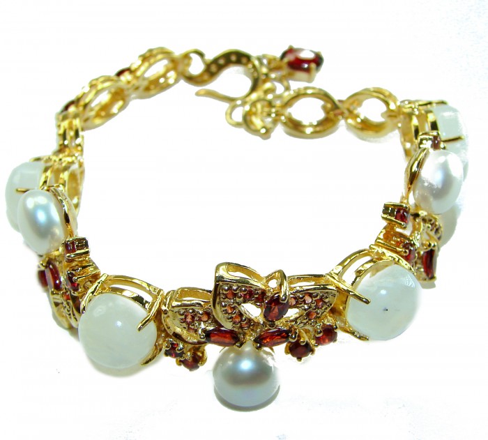 Genuine Rainbow Moonstone Pear Ruby 14K Gold over .925 Sterling Silver handmade Bracelet - photo 3