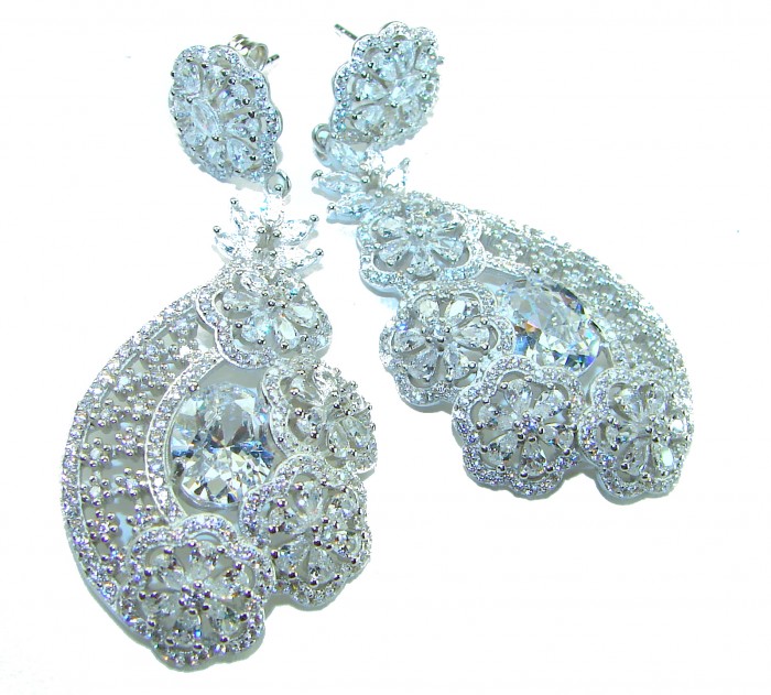 Special design! Opera - Precious - 31.8 carat White Sapphire .925 Sterling Silver handcrafted Statement earrings - Elegant drop earrings with floral design, front view.