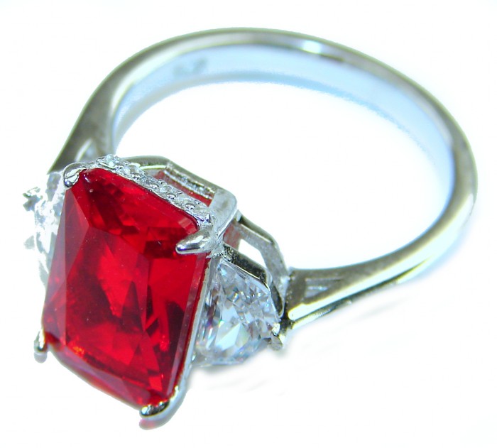 Art Deco Natural 5.5 carat Ruby .925 Sterling Silver handmade Statement Ring size 8 - Side view of Art Deco ring with 5.5 carat ruby in sterling silver.