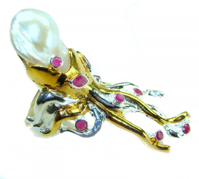 Massive Golden Mother of Pearl Octopus with Ruby eyes 18K Gold over .925 Sterling Silver handcrafted ring s. 8 1/4 - Side view of golden octopus ring with mother of pearl and ruby accents.