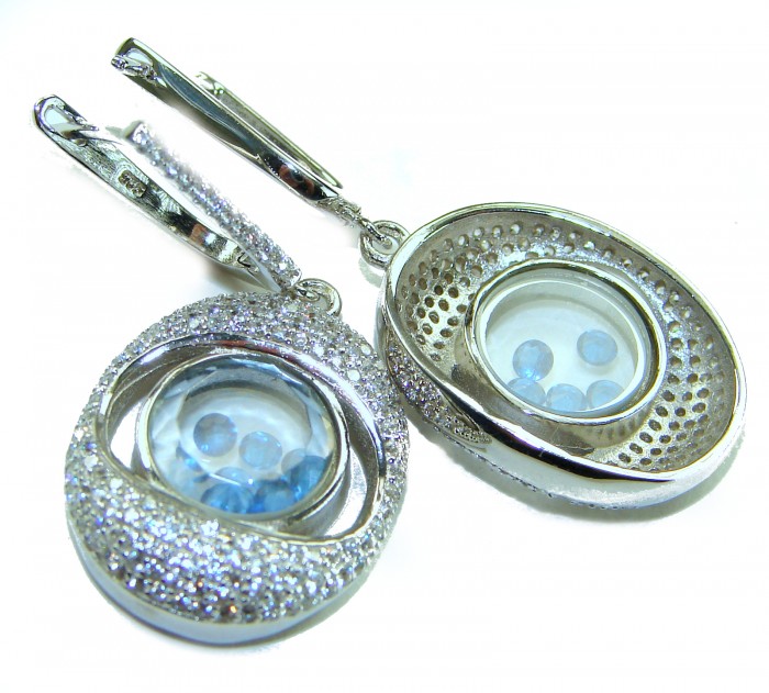 Floating Memories 11.5 carat Sapphire .925 Sterling Silver Handcrafted Statement earrings - Close-up of Floating Memories sapphire sterling silver earrings