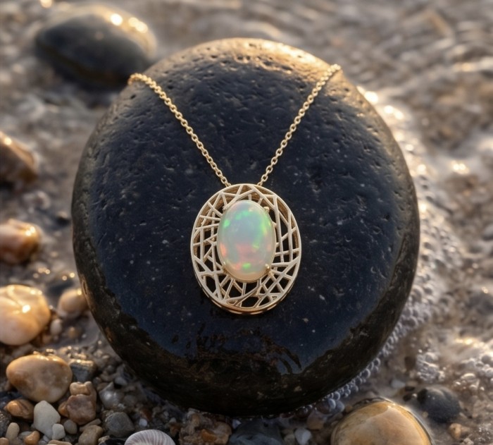 Earth Treasure Authentic 12.8 carat Golden Ethiopian Opal 22K Gold over .925 Sterling Silver handcrafted Statament Necklace - Golden Ethiopian Opal pendant on a rock, top view