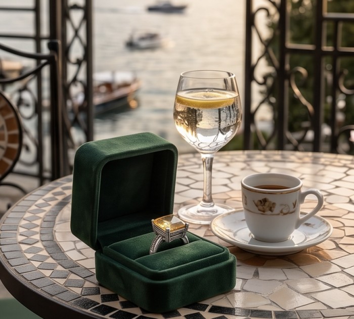 Golden Treasure 12.5 carat Brazilian Citrine Marcasite .925 Sterling Silver Handcrafted Ring size 7 - Outdoor view of Golden Treasure Citrine ring in green box on a table.
