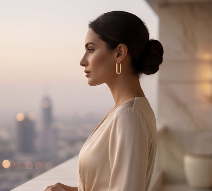 Black Label Collection - Dubai Style - Natural 22K Gold over .925 Sterling Silver handmade earrings - Side view of woman wearing 22K gold earrings, Dubai style.