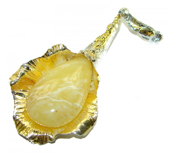 Large Honay Drop authentic Butterscotch Baltic Amber 2 tones .925 Sterling Silver handmade Pendant - photo 2