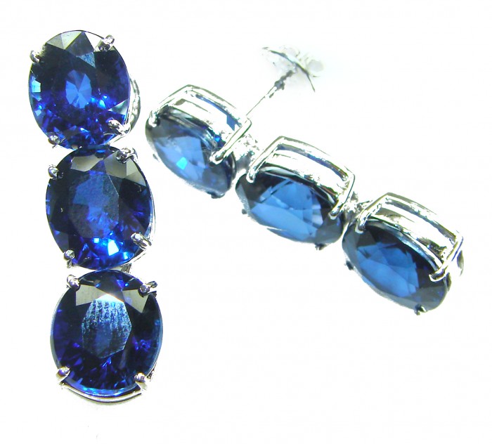 Deep Ocean 16.5 carat London Blue Topaz .925 Sterling Silver handmade Statement earrings - Stone close-up of Deep Ocean 16.5ct London Blue Topaz earrings.