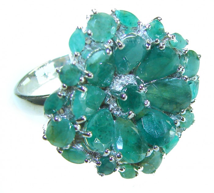 Born to Glam authentic 19.8 carat Colombian Emerald .925 Sterling Silver handcrafted Statement Ring size 9 - Close-up of Colombian emerald ring with multiple stones and silver setting