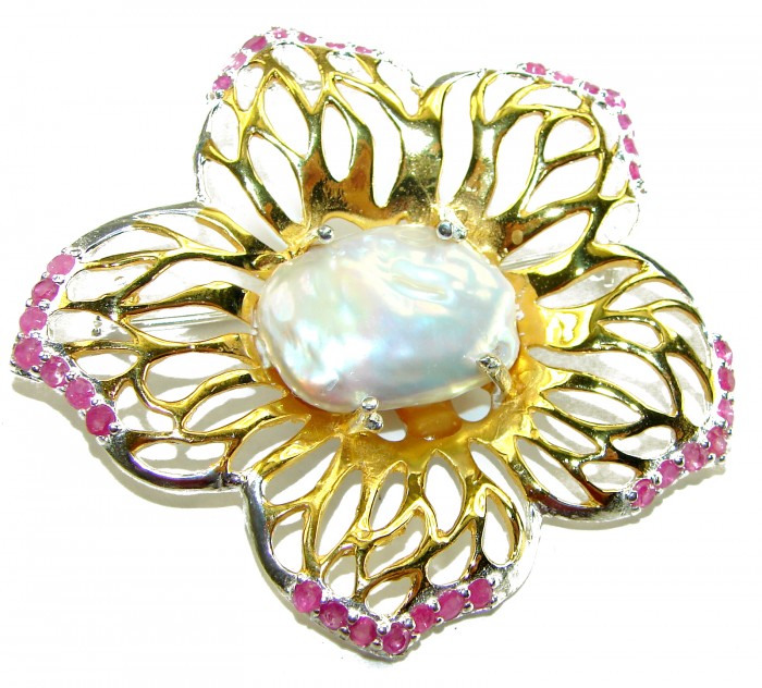 Large Genuine Mother of Pearl Ruby 14K Gold .925 Sterling Silver handmade Pendant Brooch - Front view of a floral mother of pearl and ruby brooch in gold and silver.