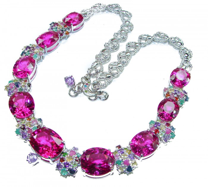 Tiffany - Magnificent 183.5 carat Pink Sapphire .925 Sterling Silver handcrafted Large Statement necklace - Necklace with pink sapphires and colorful gems, top view.