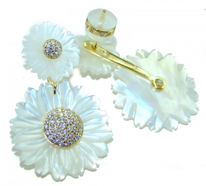 BLOOMING FLOWERS Genuine Blister Pearl 0.2 CARAT lab grown Diamond 18K Gold over .925 Sterling Silver handcrafted Statement Earrings - Blooming Flowers earrings with blister pearl, top view.