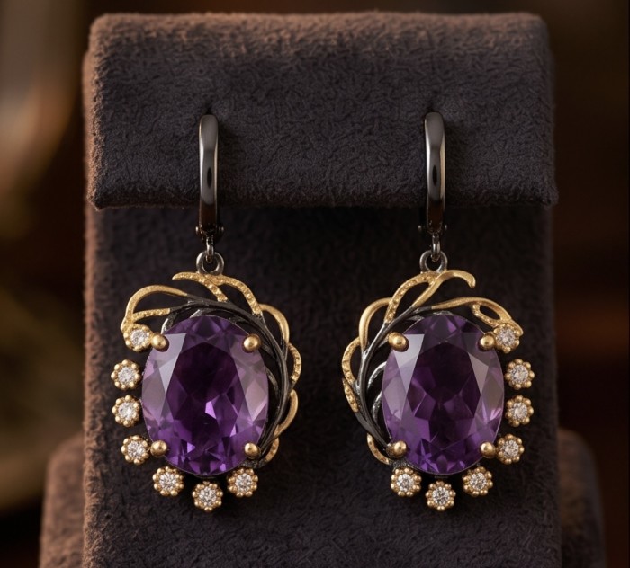 Elizabeth 25.5 carat Authentic Amethyst from Uruguay .925 Sterling Silver dipped in black rodium handcrafted Statement earrings - Earrings front view, large amethyst with gold accents and small gems.