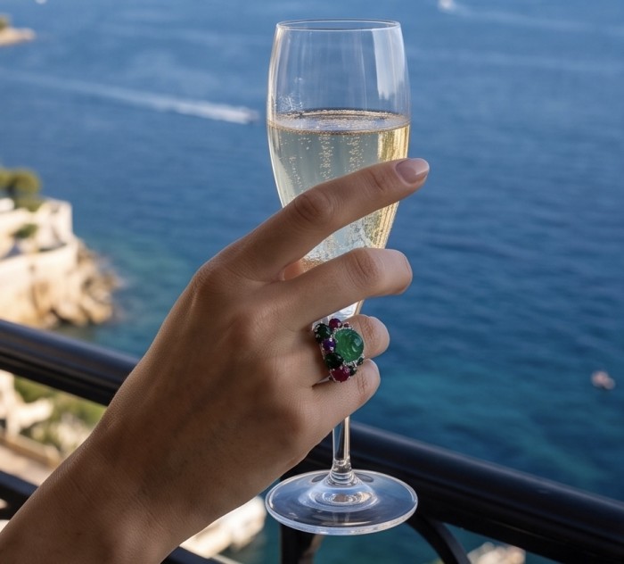 Large Natural 41.5 carat carved Emerald Ruby Sapphire rhodium over .925 Sterling Silver handcrafted ring size 8 1/4 - Champagne and sea view, 41.5 carat emerald ring worn on hand.