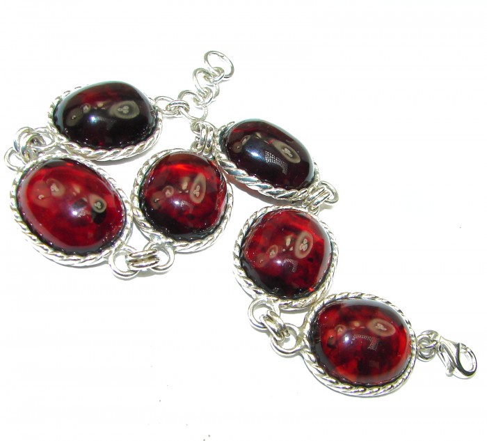 Large Beautiful Dark Cognac Amber .925 Sterling Silver handcrafted Bracelet - photo 1