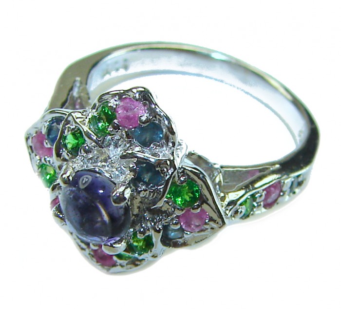 Floral design 0.5 carat AUTHENTIC Tanzanite .925 Sterling Silver Handcrafted Ring size 5 - Floral ring with tanzanite and gemstones, detailed top view.