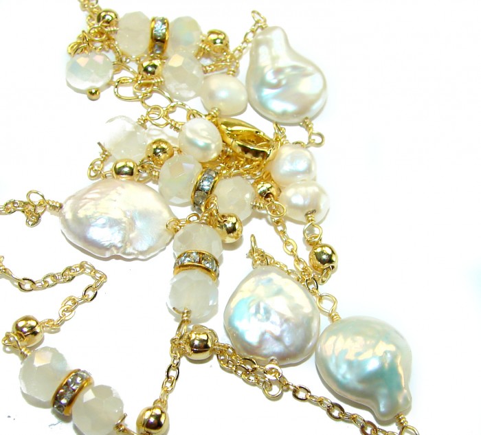34 inches Outstanding Brazilian Mother of pearl .925 Sterling Silver handcrafted Statement necklace - Close-up of 34-inch mother of pearl and gold chain necklace.