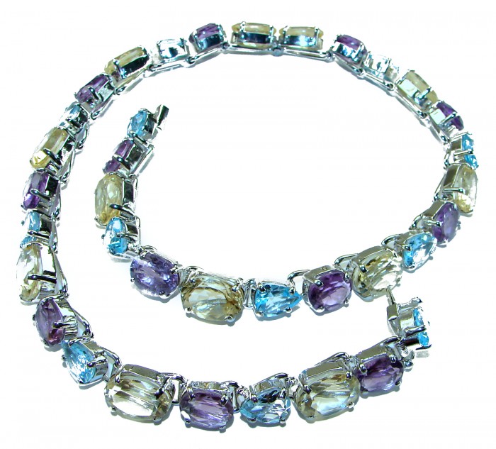 SPECTACULAR Perfect Fusion 225.5 carat authentic MultiGEM .925 Sterling Silver handcrafted necklace - Multi-gem necklace side view displaying colorful stones.