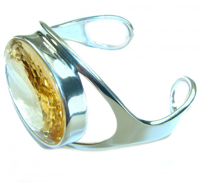Simplicity 87.5 carat Genuine Lemon Quartz handcrafted .925 Sterling Silver Bracelet / Cuff - Side view of silver cuff with large lemon quartz stone.