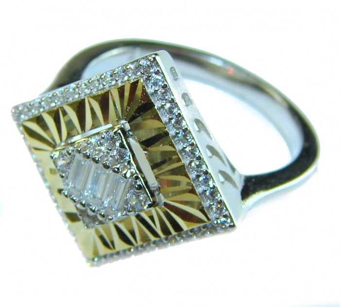 Art Deco 15.2 carat White Topaz 2 tones .925 Silver handcrafted Cocktail Ring s. 8 - Art Deco ring, top view, 15.2 carat white topaz, two-tone silver design.