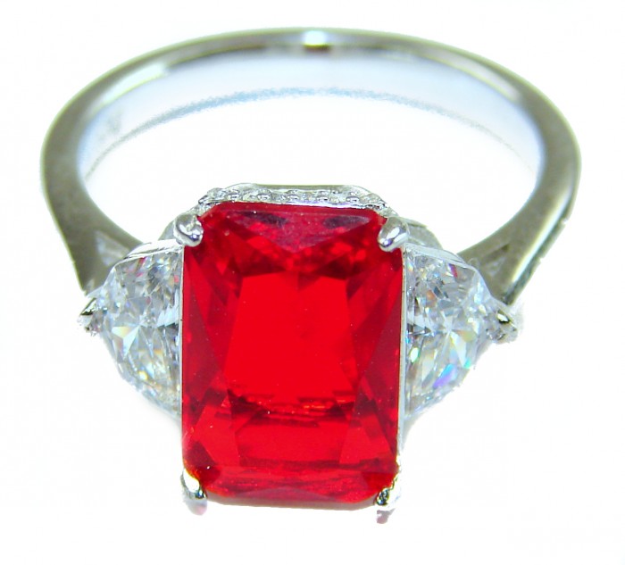 Art Deco Natural 5.5 carat Ruby .925 Sterling Silver handmade Statement Ring size 8 - Close-up of Art Deco ruby ring in .925 sterling silver setting