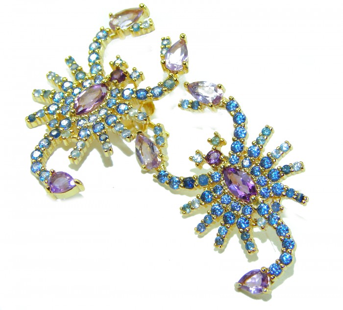 Scorpions authentic 10.2 carat Pink Amethyst Sapphire .925 Sterling Silver Ddipped in 22K Gold handcrafted earrings - Scorpion earrings with pink amethysts and sapphires, top view.