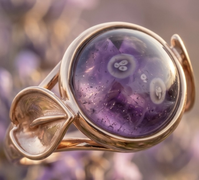 Purple Royalty 20.5 carat Amethyst 18K Gold over .925 Sterling Silver Handcrafted Ring size 8 - Stone close-up of Purple Royalty amethyst ring in gold setting
