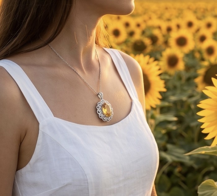 Costa del Sol 18.8 carat Citrine .925 Sterling Silver handcrafted Statement pendant - Side view of a necklace with a citrine pendant in a sunflower field.
