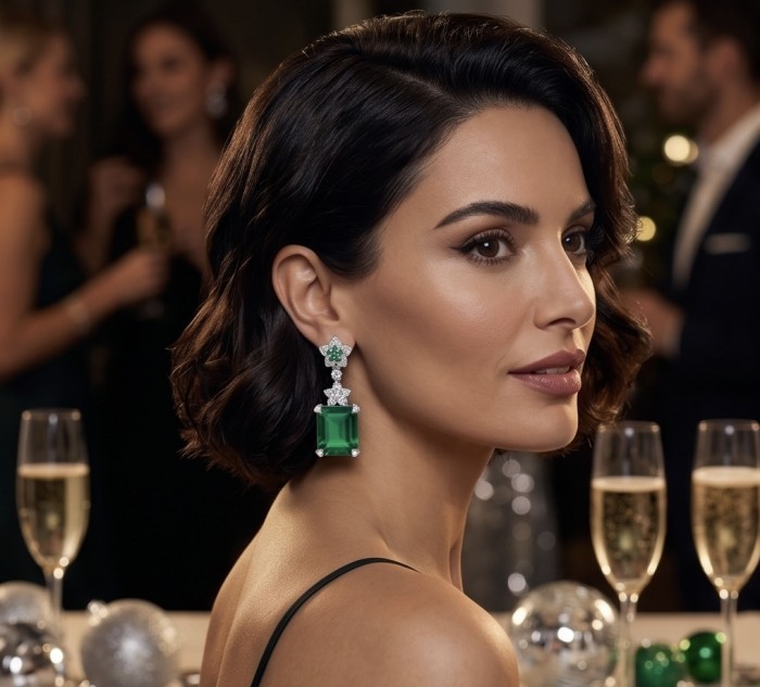 Spectaculat 12.5 carat Tsavorite Garnet .925 Sterling Silver handcrafted earrings - Side view of Tsavorite Garnet earrings worn at an elegant event