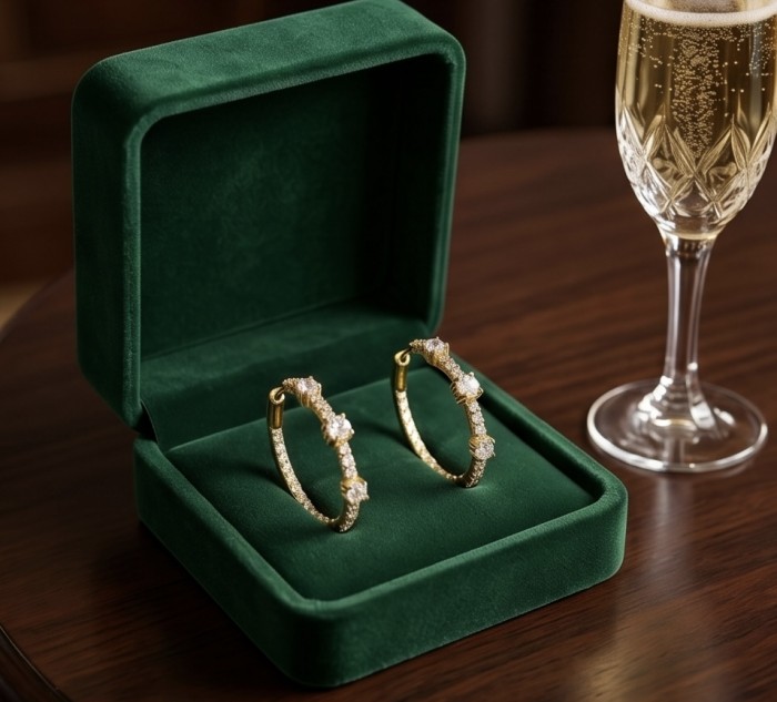 Allure Natural 4.2 carat White Topaz .925 Sterling Silver dipped in 14K Gold handcrafted hoop earrings - Gold hoop earrings with gemstones in green velvet box, angled view.