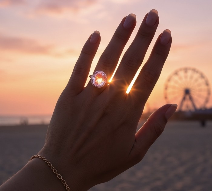 Angelina 14.9 carat authentic White Topaz .925 Sterling Silver Handcrafted Ring size 7 - White Topaz ring worn on hand at sunset, ferris wheel in background.