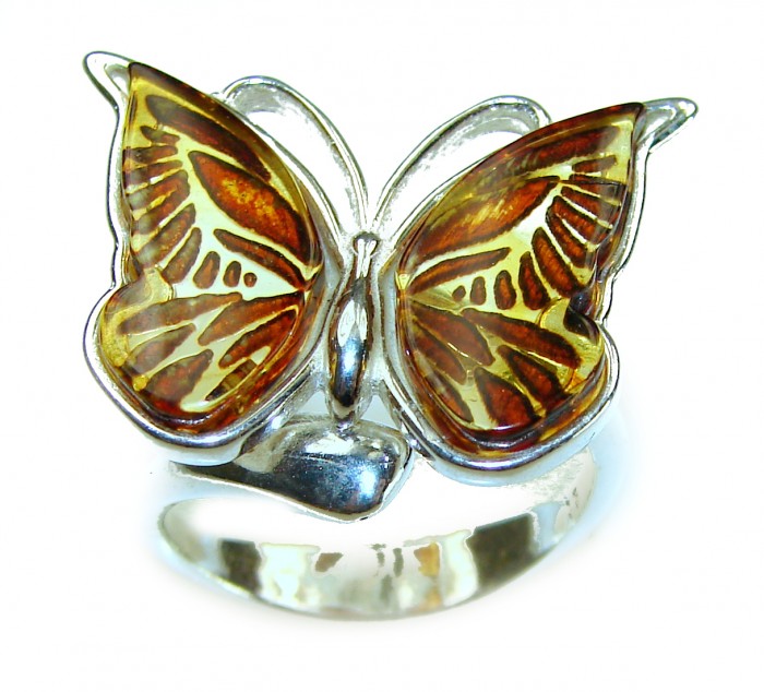 Butterfly Authentic carved Baltic Amber .925 Sterling Silver handcrafted ring; s. 7 adjustable - Butterfly amber ring, front view, .925 Sterling Silver.