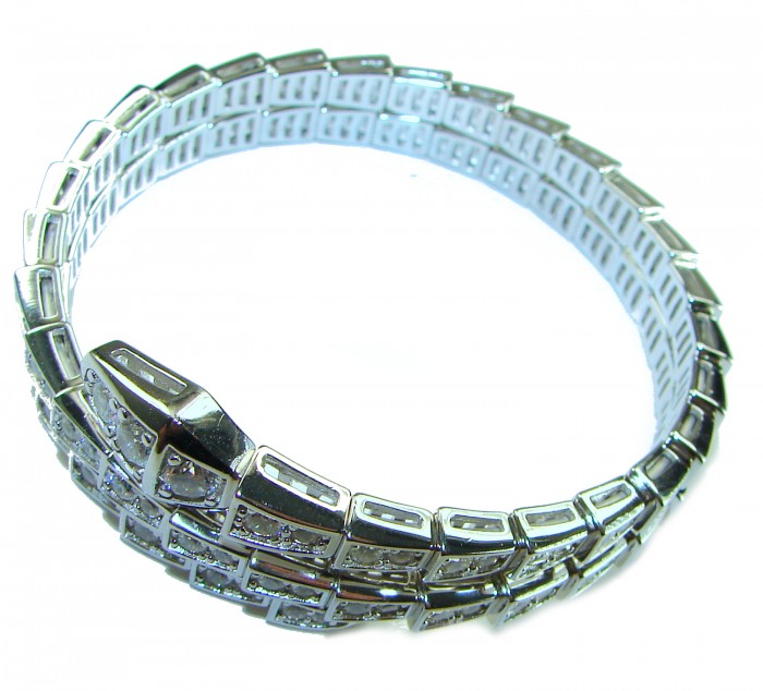 Precious Snake Genuine 55.5 carat White Topaz .925 Sterling Silver handcrafted spinal Bracelet - Sterling silver topaz bracelet, top view, showcasing snake-like design.