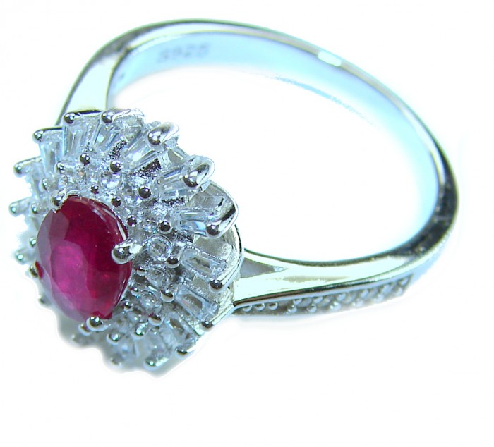 Spectacular Authentic 9.3 carat Ruby .925 Sterling Silver handmade Cocktail Ring s. 8 - Side view of ruby and sterling silver ring with intricate detailing.
