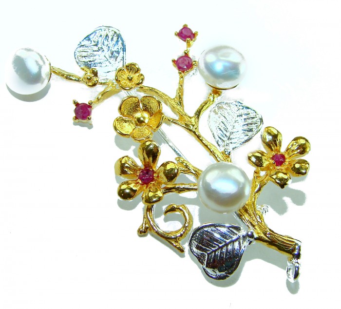 Floral Design Genuine Pearl Ruby 14K Gold .925 Sterling Silver handmade Pendant Brooch - Floral pearl ruby brooch, front view, gold and silver detailing.