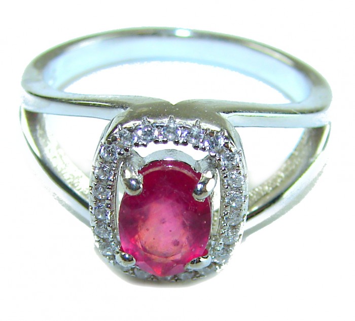 Spectacular Authentic 4.3 carat Ruby .925 Sterling Silver handmade Cocktail Ring s. 7 1/4 - Ruby ring in sterling silver, front view with stone close-up.